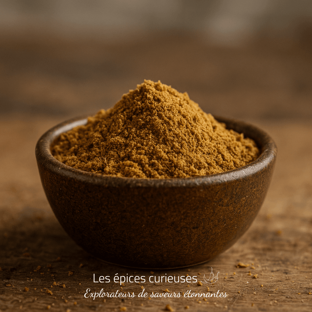Bol de poudre de cannelle bio posé sur une table en bois rustique pour cuisine et recettes saines.