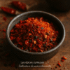 Bol de poudre de piment épicée et moulue, avec des piments rouges en arrière-plan sur une table en bois.