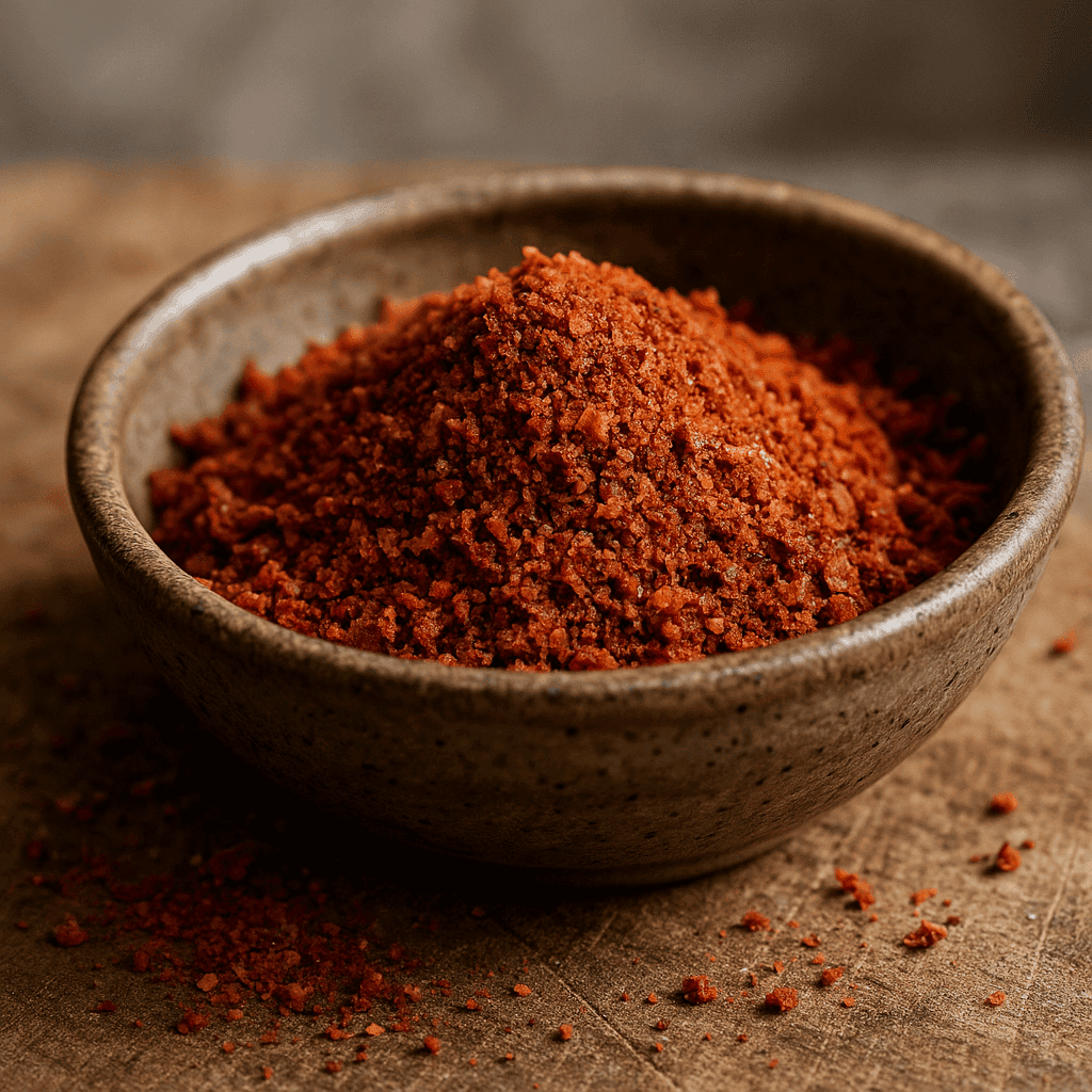 Bol de piment rouge moulu épicé sur table en bois, parfait pour assaisonner vos plats.