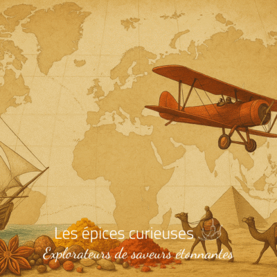 Avion vintage survolant un globe historique avec navire, épices, pyramide et caravanes de chameaux.