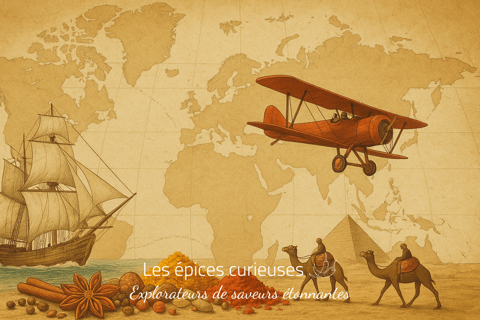 Avion vintage survolant un globe historique avec navire, épices, pyramide et caravanes de chameaux.
