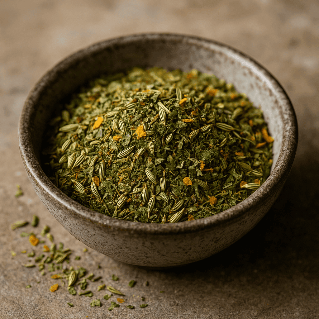 Bol de fines herbes séchées et épices colorées sur une table en pierre, idéal pour assaisonner les plats.