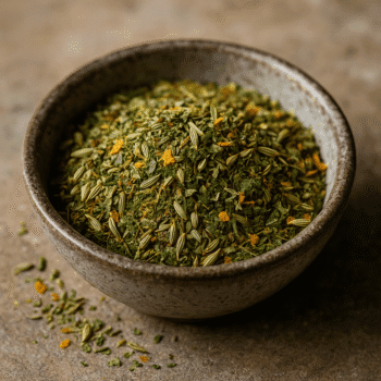 Bol de fines herbes séchées et épices colorées sur une table en pierre, idéal pour assaisonner les plats.