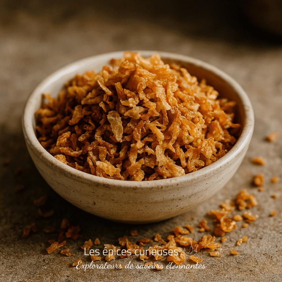 Bol de petits oignons frits dorés, croustillants sur une table en bois, ajout savoureux pour plats et salades.
