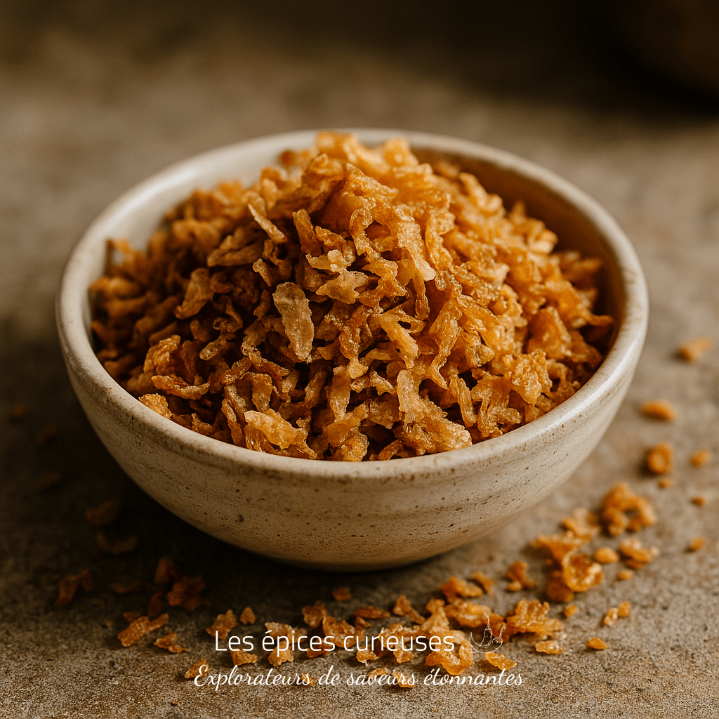Bol de petits oignons frits dorés, croustillants sur une table en bois, ajout savoureux pour plats et salades.