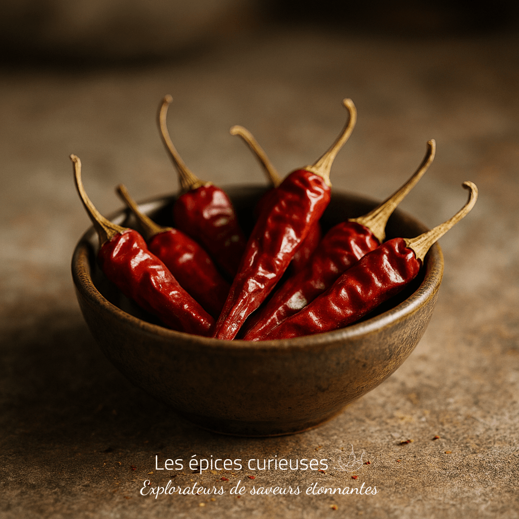 Bol de piments rouges séchés sur une table en bois, épices piquantes pour recettes exotiques.