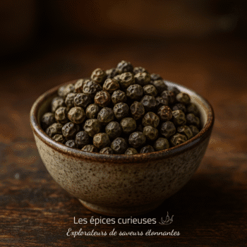 Bol de poivre noir en grains sur table en bois, mise au point en gros plan.
