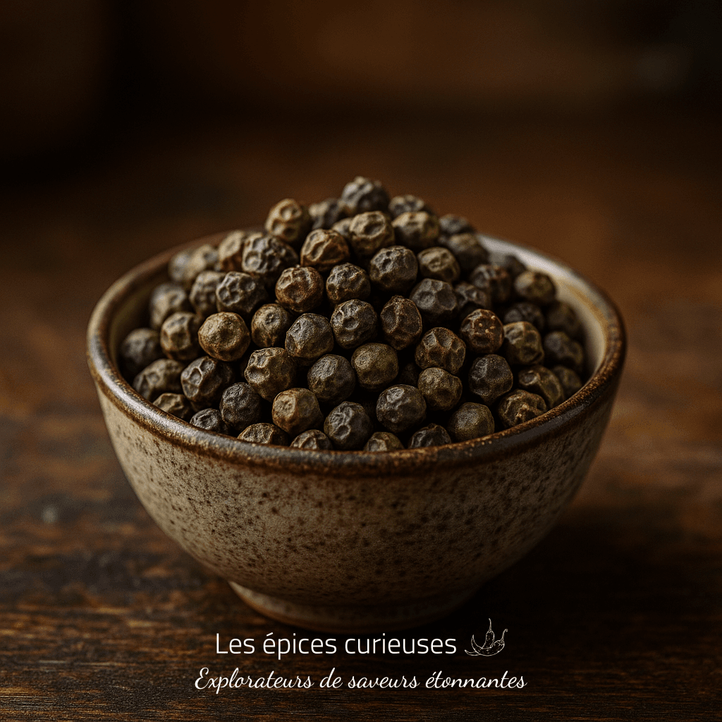 Bol de poivre noir en grains sur table en bois, mise au point en gros plan.