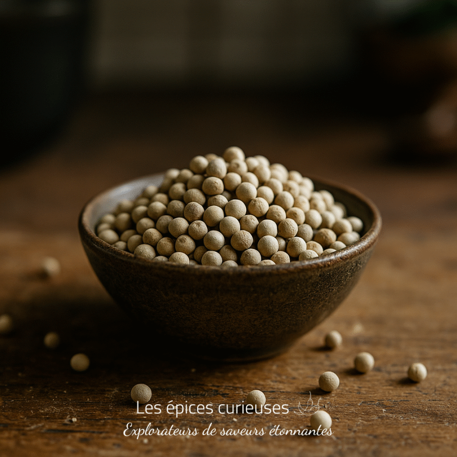 Bol de poivre blanc entier sur une table rustique, épice aromatique essentielle pour la cuisine.