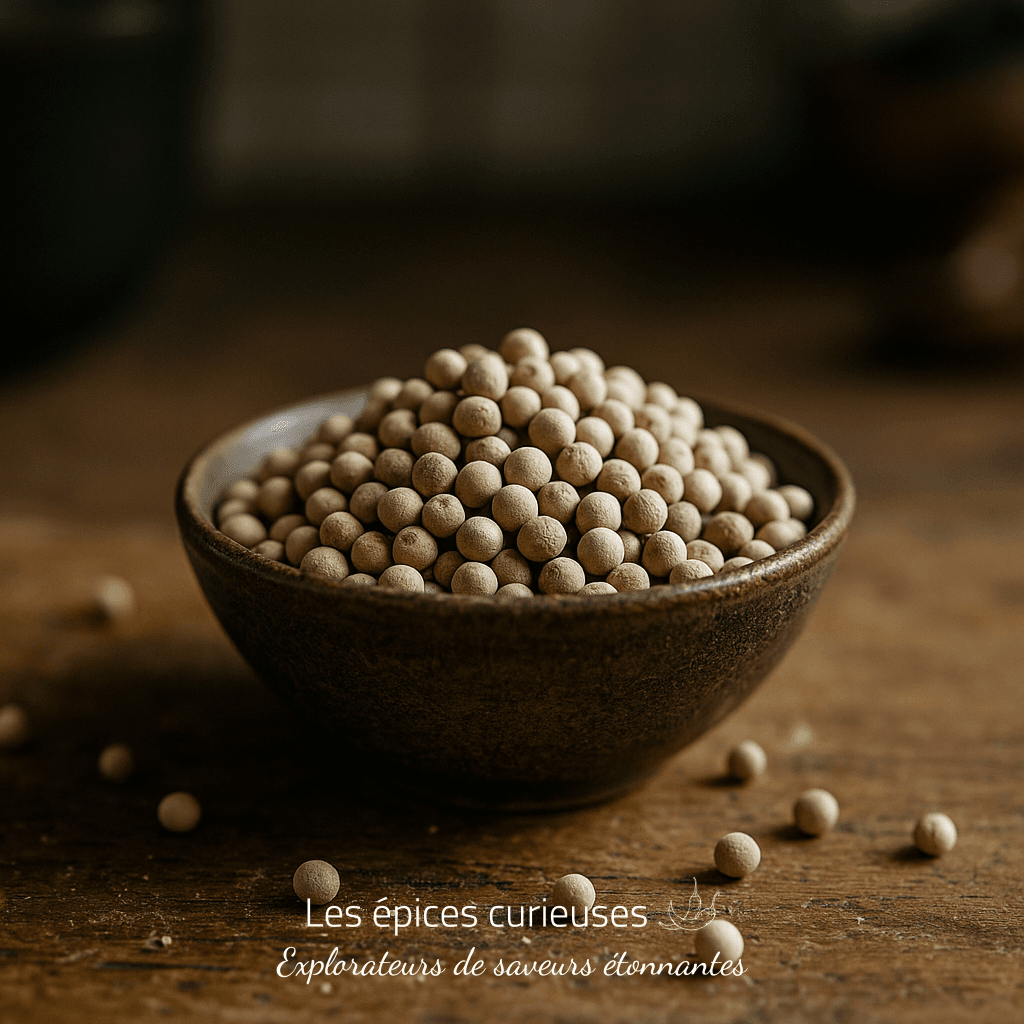Bol de poivre blanc entier sur une table rustique, épice aromatique essentielle pour la cuisine.