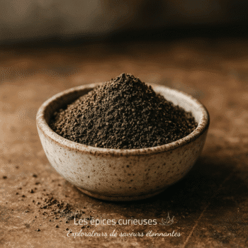 Bol en céramique rempli de poudre de café fraîchement moulue sur un plan de travail brun.