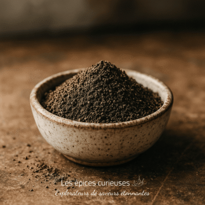 Bol en céramique rempli de poudre de café fraîchement moulue sur un plan de travail brun.