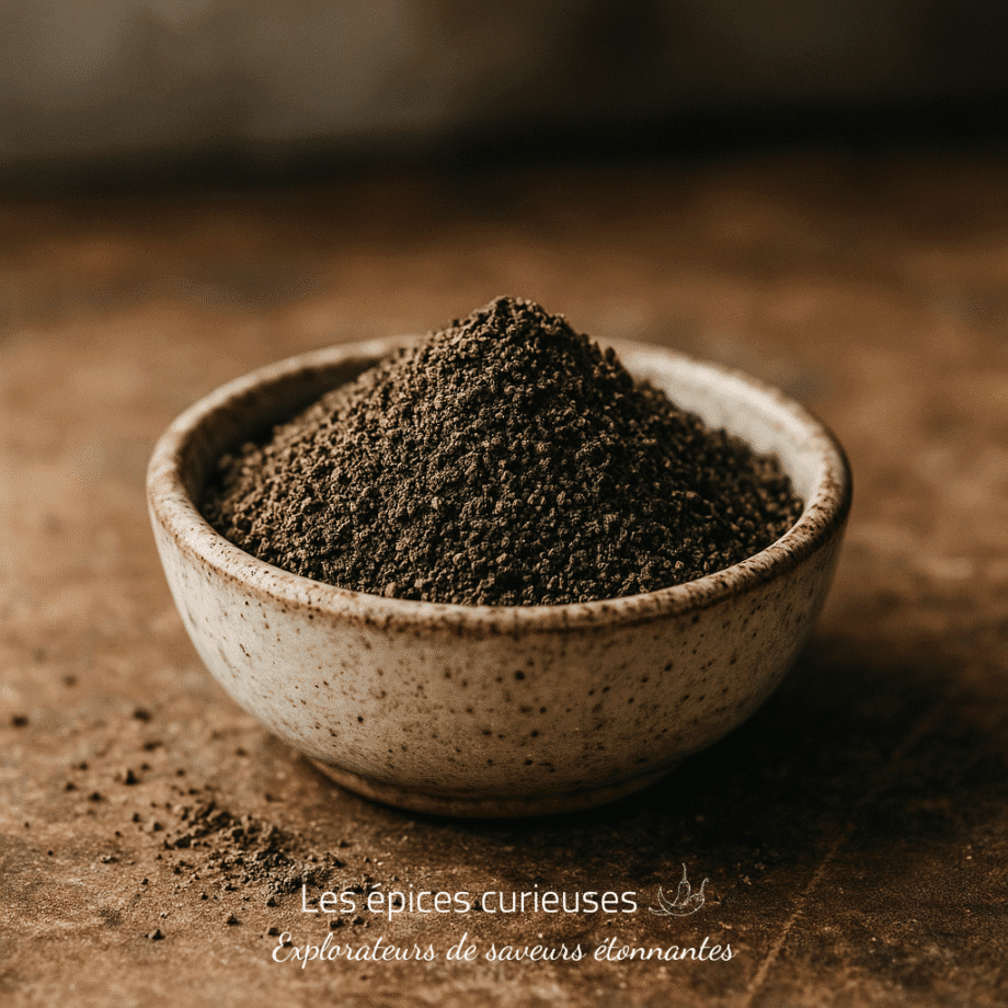 Bol en céramique rempli de poudre de café fraîchement moulue sur un plan de travail brun.