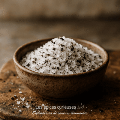 Bol de sel de mer avec grains de poivre noir, posé sur une planche en bois rustique.