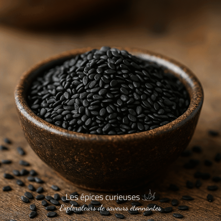 Bol en bois rempli de graines noires de sésame, posé sur une table en bois rustique.