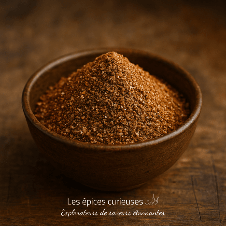Bol en bois rempli de zeste d'épices marron sur une table en bois rustique, vue de près.