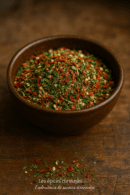 Bol d'assaisonnement aux herbes et épices colorées sur une table en bois rustique.