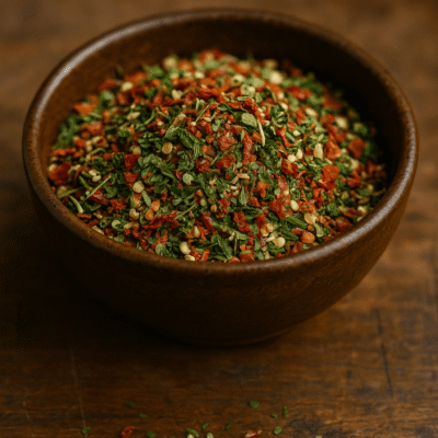 Bol d'assaisonnement aux herbes et épices colorées sur une table en bois rustique.