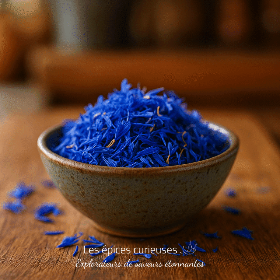 Bol en céramique rempli de fleurs de bleuet séchées sur une table en bois. Idéal pour la décoration ou l'infusion.