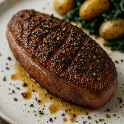 Magret de canard grillé avec pommes de terre et épinards, assaisonné de poivre et sauce. Plat gourmand et élégant.