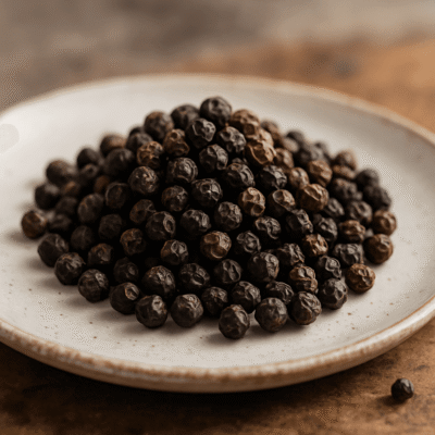 Assiette de grains de poivre noir entiers, épice essentielle pour relever saveurs et arômes des plats cuisinés.