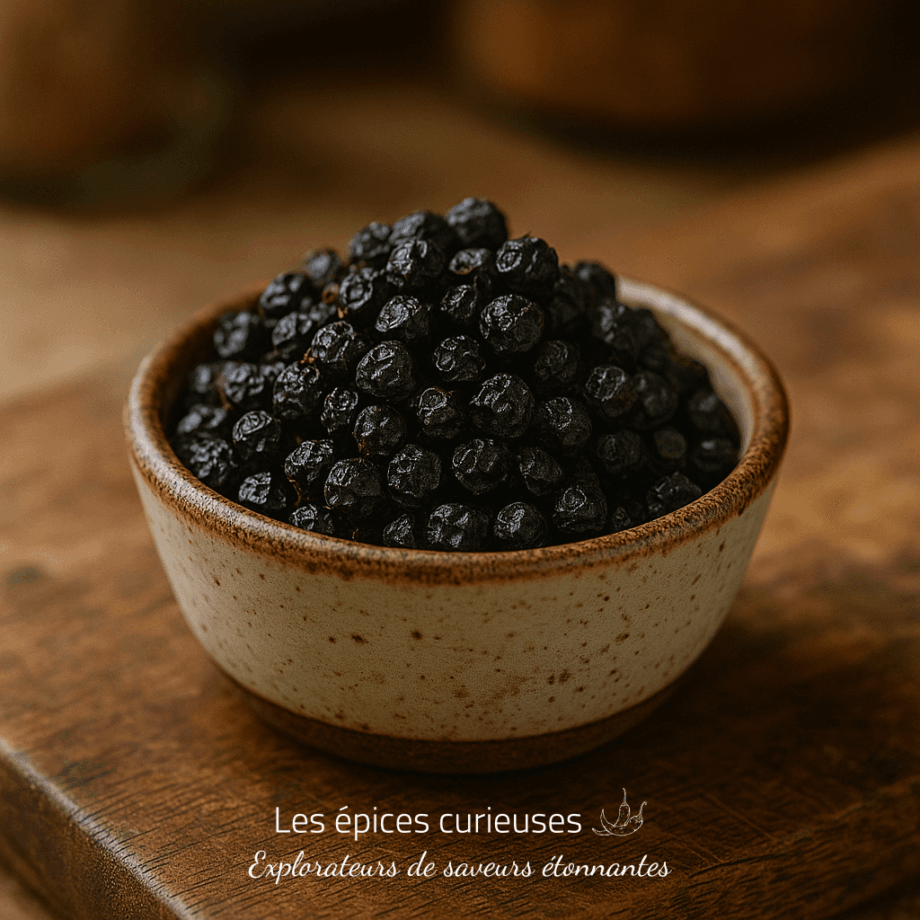 Bol de grains de poivre noir épicés sur une table en bois, idéal pour rehausser les saveurs culinaires.