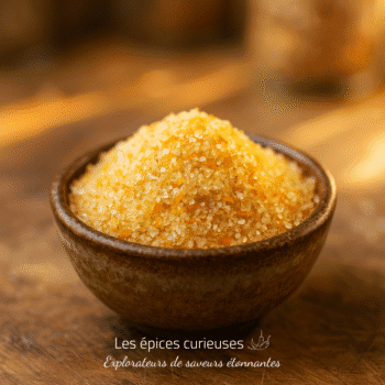 Bol en céramique rempli de semoule de maïs dorée sur une table en bois rustique.