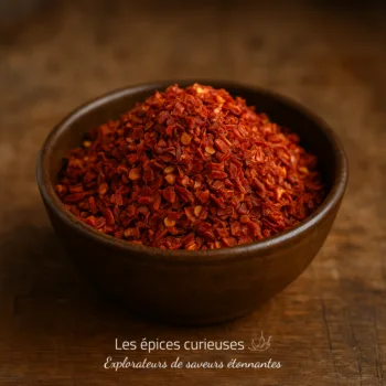 Bol de flocons de piment rouge sur table en bois, utilisé pour épicer les plats.
