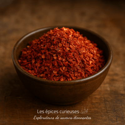 Bol de flocons de piment rouge sur table en bois, utilisé pour épicer les plats.