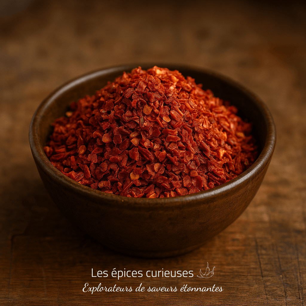 Bol de flocons de piment rouge sur table en bois, utilisé pour épicer les plats.