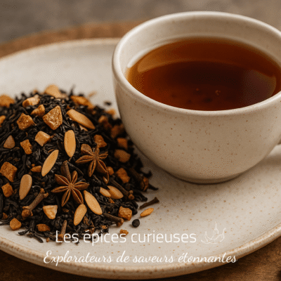 Tasse de thé noir avec mélange d'épices, amandes et anis étoilé, sur une assiette en céramique blanche.