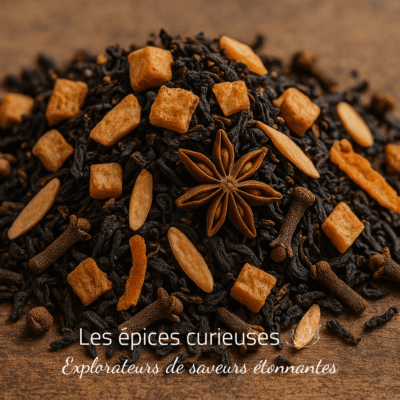 Mélange d'épices : anis étoilé, clous de girofle et fruits secs sur fond de bois, pour infusion ou cuisine.
