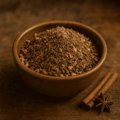Bol de granola épicé avec bâtons de cannelle et badiane sur fond en bois. Idéal pour un petit déjeuner savoureux.