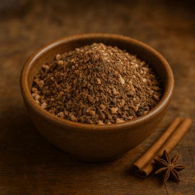 Bol de granola épicé avec bâtons de cannelle et badiane sur fond en bois. Idéal pour un petit déjeuner savoureux.