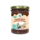 Pâte à tartiner bio aux noisettes et cacao, 57% noisettes, ingrédients sains, pot en verre de 200g.