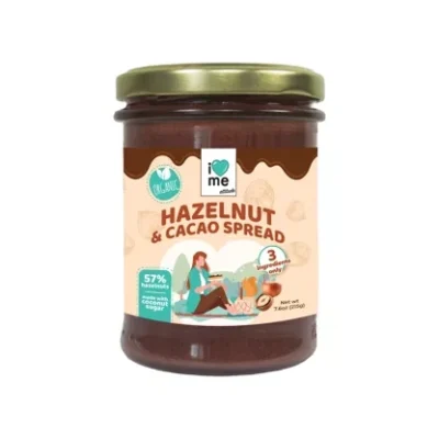 Pâte à tartiner bio aux noisettes et cacao, 57% noisettes, ingrédients sains, pot en verre de 200g.