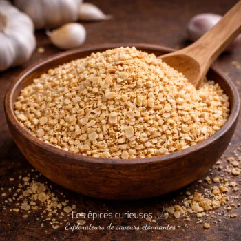 Bol en bois rempli d'ail séché et haché, sur une table en bois, avec des gousses d'ail en arrière-plan.