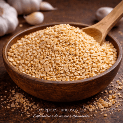 Bol en bois rempli d'ail séché et haché, sur une table en bois, avec des gousses d'ail en arrière-plan.