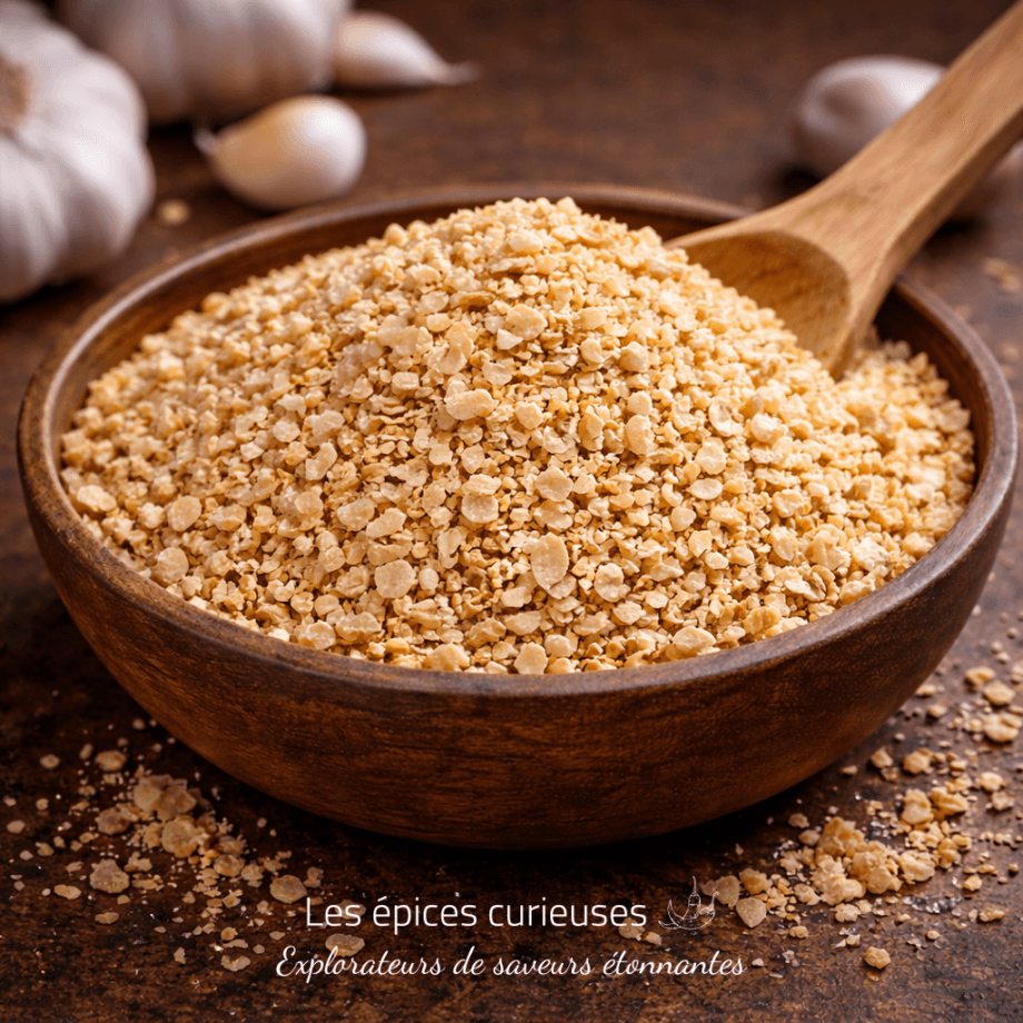 Bol en bois rempli d'ail séché et haché, sur une table en bois, avec des gousses d'ail en arrière-plan.