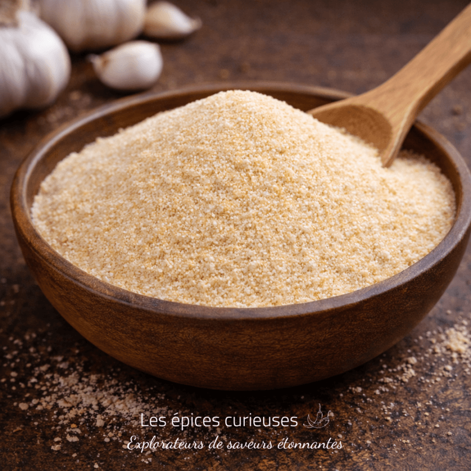 Bol en bois rempli de poudre d'ail sur une table, avec des gousses d'ail en arrière-plan.