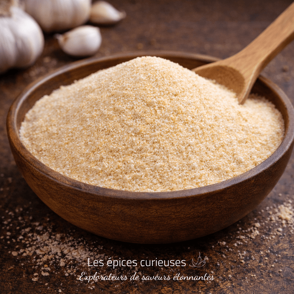 Bol en bois rempli de poudre d'ail sur une table, avec des gousses d'ail en arrière-plan.