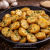 Pommes de terre rôties à l'ail, persil et parmesan dans une poêle noire, parfaites pour un dîner savoureux.
