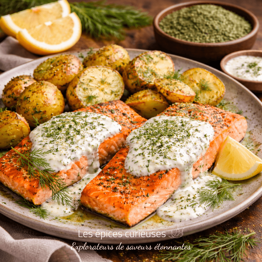 Saumon grillé à l’aneth avec sauce crémeuse et pommes de terre rôties, garni de citron et herbes fraîches.