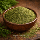 Bol en bois rempli d'aneth séché, posé sur une table en bois, avec des brins d'aneth frais à côté.