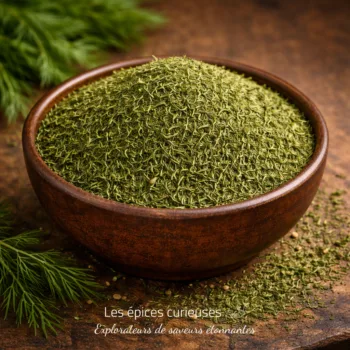 Bol en bois rempli d'aneth séché, posé sur une table en bois, avec des brins d'aneth frais à côté.