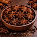 Bol en bois rempli de badiane étoilée sur fond rustique, épices aromatiques utilisées en cuisine et pâtisserie.