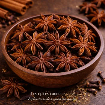 Bol en bois rempli de badiane étoilée sur fond rustique, épices aromatiques utilisées en cuisine et pâtisserie.