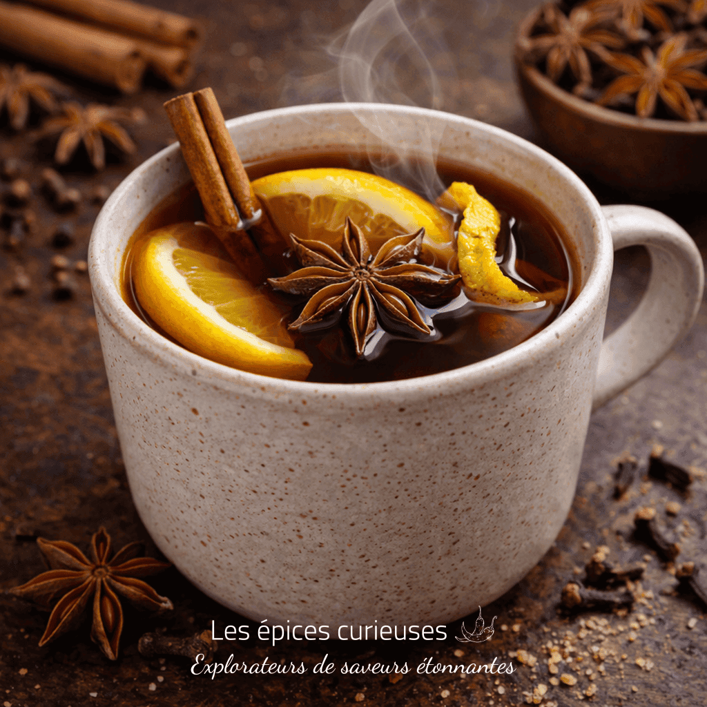 Tisane chaude aux épices avec tranches d'orange, anis étoilé et bâtons de cannelle dans une tasse en céramique.