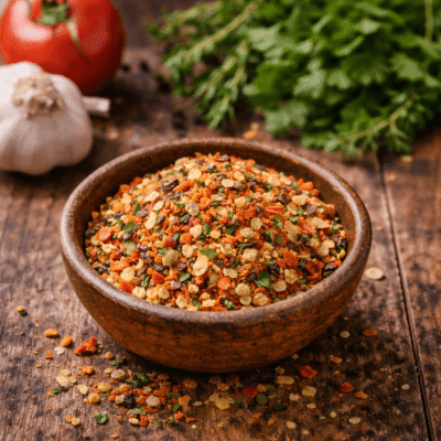 Mélange d'épices colorées dans un bol en terre cuite sur table en bois avec tomates, ail et herbes en arrière-plan.