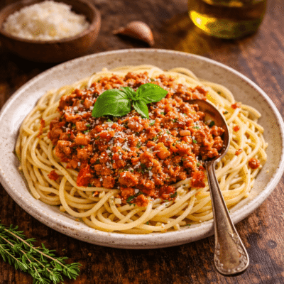 Assiette de spaghetti bolognaise garnie de basilic frais sur une table en bois, servie avec une cuillère vintage.